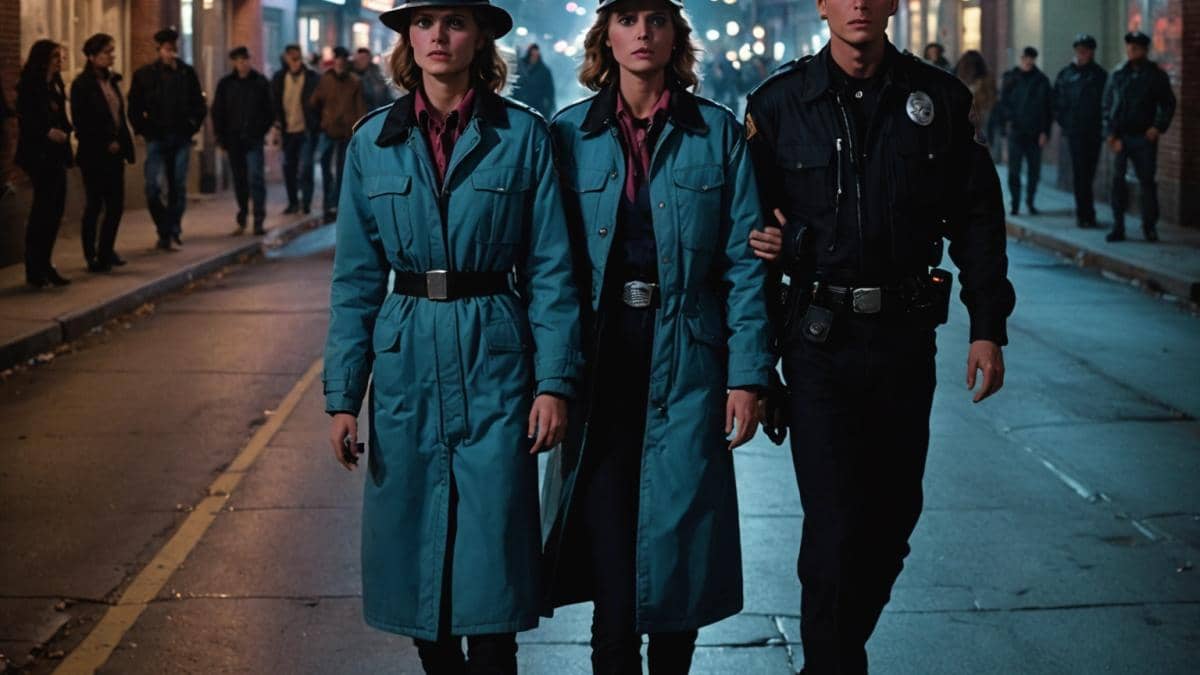 A photorealistic editorial-style image of a scene inspired by Back to the Future II, centered on two futuristic policewomen escorting a young woman through a neon-lit street in 2015 Hill Valley. One policewoman’s face is strategically obscured by her hat and shadows, while the other is clearly visible. The mood is intriguing and cinematic, with sharp focus on the main characters at the center, realistic lighting reflecting off their uniforms, and subtle hints of retro-futuristic props in the background.