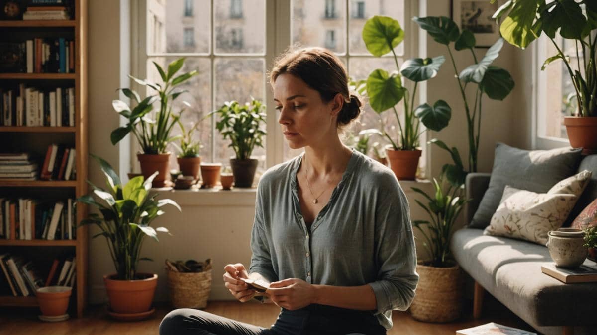 Negociar con la regla de los tres segundos: ¿por qué el silencio transforma tu persuasión? 14 A photorealistic editorial image of a thoughtful woman in her early 30s, seated in a cozy, plant-filled apartment in Buenos Aires, with books and yoga props nearby. She gently massages her ankle, showing subtle discomfort but also determination. Warm natural light streams through the window, creating a calm, introspective mood. Main subject well-centered and sharply focused, background neat and inviting.