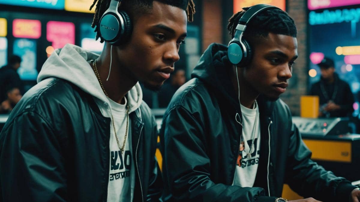 Rap Blog: El flow sin nostalgia de YL y Subjxct 5 que está renovando la costa Este (y nadie te cuenta por qué importa tanto) Two stylish young rappers in an urban setting, one with headphones and the other at a mixing console, photorealistic editorial style, moody lighting with neon accents, subtle background details like subway tiles and a city skyline at dusk, main subjects centered and sharply in focus, modern streetwear and hip-hop vibes.
