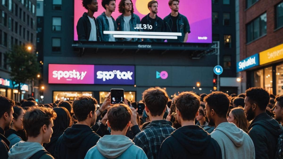 Billboard Hot 100: ¿Por qué parece tan anticuado en 2025? La verdad detrás del estancamiento musical que nadie te cuenta A group of young, diverse music fans in their twenties, staring at a large digital Billboard Hot 100 chart displayed on a modern urban wall, photorealistic editorial style, early evening with city lights, expressions of confusion and curiosity, some fans holding smartphones open to Spotify and TikTok apps, main chart screen well-centered and in sharp focus, clean urban background.