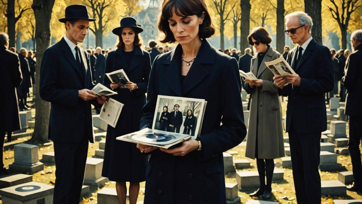 Joe Dassin y el eco de un legado: ¿cómo se esfuma una fortuna musical? 14 A photorealistic editorial-style image of a solemn gathering at Père-Lachaise Cemetery in Paris, centered on mourners holding vinyl records and vintage photographs of Françoise Hardy. The mood is nostalgic and respectful, with dappled sunlight filtering through old trees. The main subjects—fans of all ages, some visibly emotional—are well-centered and in sharp focus, standing near a modest floral tribute. A soft, muted background hints at the historic gravestones and quiet reverence of the setting.