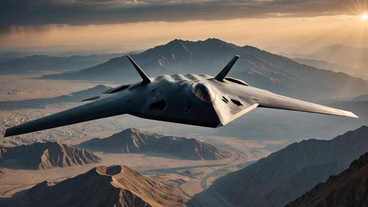 ¿Tecnología militar al límite? El as bajo la manga de EE.UU. en Irán que nadie te cuenta A photorealistic editorial image featuring a sleek, black B-2 Spirit stealth bomber flying over rugged mountains near Tehran at sunrise, with dramatic clouds and a faint silhouette of fortified underground bunkers beneath the mountain. The aircraft is clearly centered and in sharp focus, its futuristic shape reflecting the light, while the background evokes tension and anticipation. The mood is intense but precise, with military personnel monitoring from screens in the lower foreground. Clean, well-lit composition.