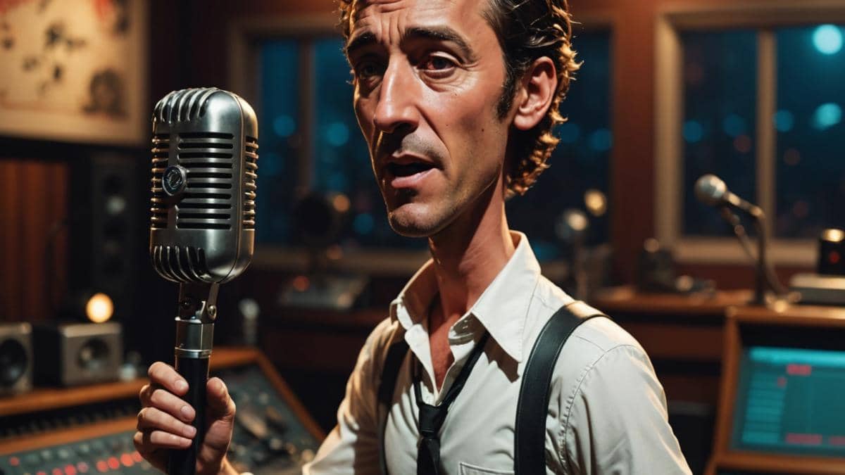 Jeremy Allen White como Bruce Springsteen: ¿puede un biopic capturar la magia de Nebraska? Jeremy Allen White dressed as Bruce Springsteen, performing passionately with a vintage microphone in a dimly lit recording studio, photorealistic editorial style, intense yet nostalgic mood, surrounded by retro music equipment and analog tapes, the main subject perfectly centered and in sharp focus.