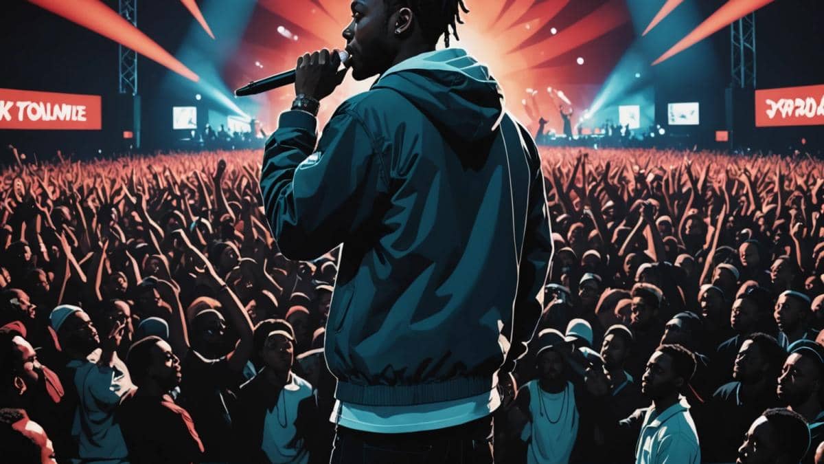 Kendrick Lamar en Toronto: ¿un triunfo o una provocación épica que redefine el rap? Kendrick Lamar performing on stage in Toronto, photorealistic editorial style, the artist at the center under dramatic lights, crowd in tour merch cheering, bold stage visuals with urban and psychedelic details, high-energy concert vibe, sharp focus on Kendrick with a visible backdrop of digital screens and subtle references to rap culture.