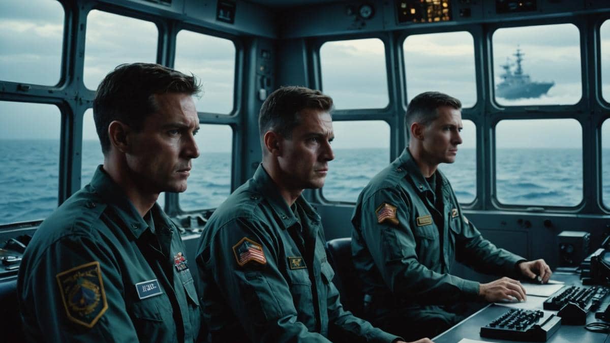 Last Contact: Ciencia ficción extrema, ¿la distopía acuática que nos revela el futuro? A tense group of four military personnel inside a small, high-tech outpost surrounded by endless ocean, photorealistic editorial style, dramatic low lighting with subtle blue tones reflecting the water, expressions of uncertainty and suspense on their faces, a radar screen glowing at the center, realistic ocean waves visible through reinforced windows, all subjects centered and in sharp focus.