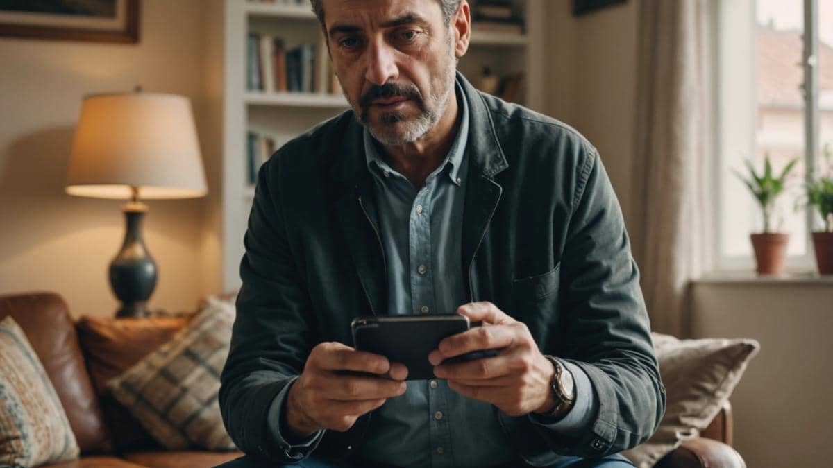 ¿Chatbots sustituyen CEOs? Klarna y el futuro laboral que no te contaron 14 A middle-aged Spanish man checking his smartphone in a cozy living room, looking surprised as he receives a money transfer notification, photorealistic editorial style, daylight coming through the window, details include a modern phone with a Bizum notification on screen and subtle legal documents on the table, main subject clearly centered and in sharp focus, clean background.