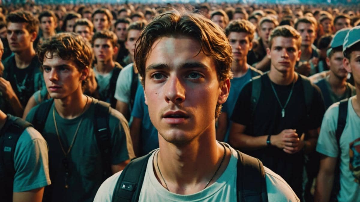 Ataques con jeringuillas en festivales: ¿Nueva amenaza real o pánico viral? A crowded European music festival at night, photorealistic editorial style, a group of young people in the center reacting with concern as security personnel patrol nearby, tense atmosphere, some concertgoers glancing nervously over their shoulders, main subjects clearly centered and in sharp focus, colorful stage lights in the background, clean and realistic details.