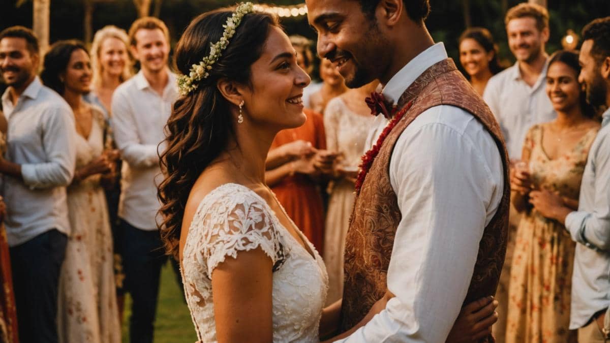 Relaciones de pareja y bienestar integral: ¿Qué aprendemos del vínculo entre Miou-Miou y Jean Teulé? 14 A joyful, multicultural wedding celebration set outdoors, with a French woman and a Mauritian man centered, surrounded by loved ones, natural greenery and festive lights, photorealistic editorial style, warm evening sunlight, vibrant fabrics and poetic details like candles and flowers. The couple stands close together in sharp focus at the center, expressing tenderness and connection, while guests dance in the background.