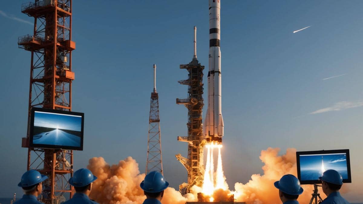 A photorealistic editorial-style image of a dramatic rocket launch at dusk, featuring a Chinese reusable rocket ascending with powerful flames beneath, surrounded by modern technology engineers in blue uniforms observing data screens. The scene is set on a coastal launch pad with the sea reflecting the orange glow, the main rocket sharply centered and in focus, dynamic lighting, clear sky transitioning to twilight. Subtle hints of both Chinese and global innovation in the equipment and attire.