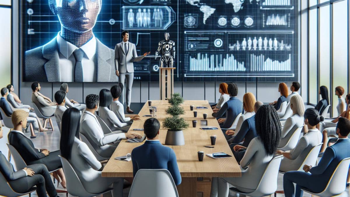 Ciberataques en España: ¿Por qué somos el blanco favorito y cómo protegerte de verdad? 14 A modern Scandinavian office, central focus on a lifelike AI avatar displayed on a large screen delivering a business presentation to an attentive group of professionals, photorealistic editorial style, bright lighting with sleek minimalist furniture, subtle digital interface elements visible in the scene.