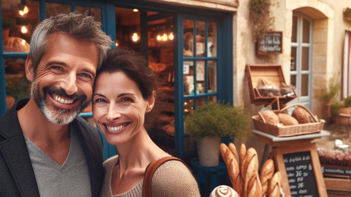 A photorealistic editorial-style image showing Marius Colucci and Sarah, smiling together at the entrance of their modern street-food shop in a picturesque French village square, with a vibrant sign reading 'Food'Amour', rustic local bread and fresh produce displayed, warm sunlight, inviting atmosphere, the couple well-centered and in sharp focus.
