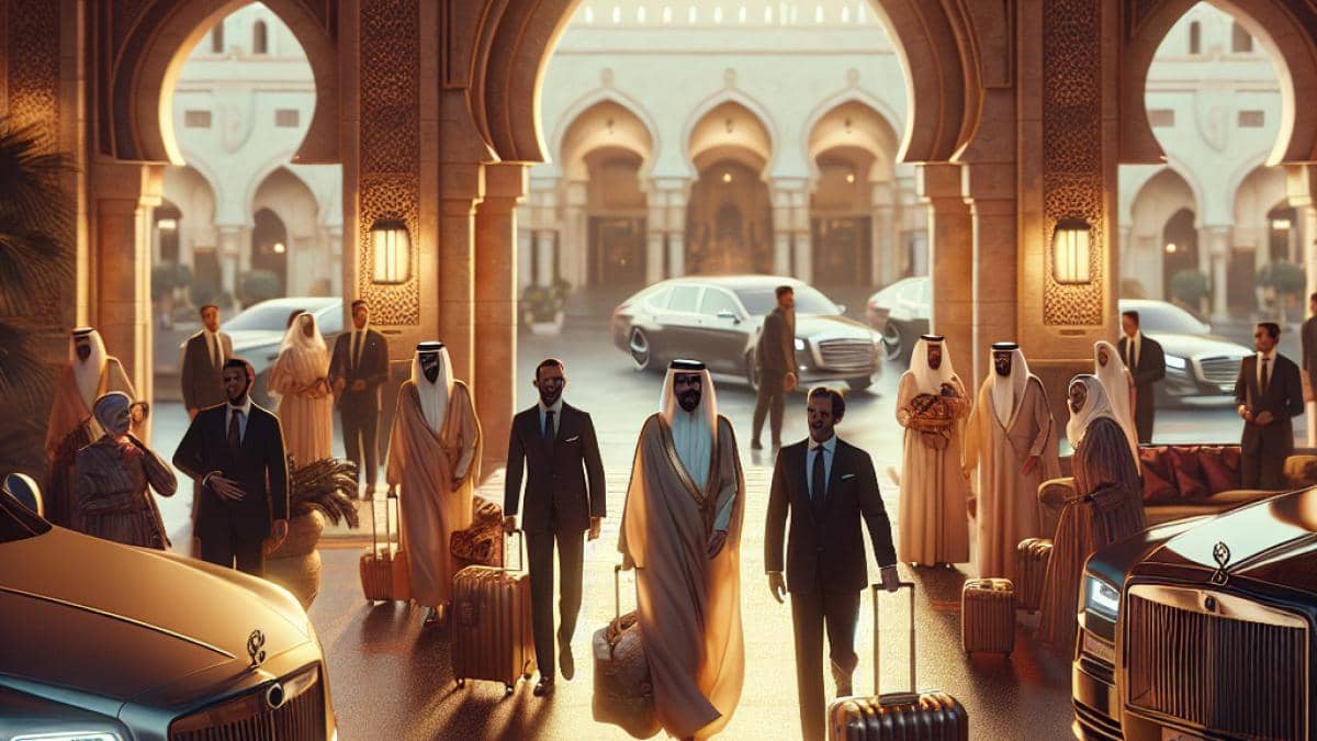 Lujo extremo en aviones privados: ¿Qué revela el “efecto dominó” del ex-emir de Catar? 14 The Qatari royal family arriving at a luxury resort in Mallorca, surrounded by security and staff, photorealistic editorial style, warm Mediterranean lighting, opulent hotel entrance with luxury cars, elegant traditional Middle Eastern attire and designer luggage as central focus.
