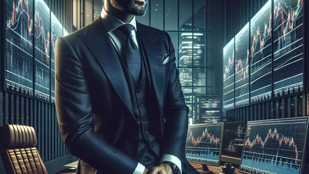 A high-level business executive (Michael O'Leary type), confidently observing stock market graphs on multiple large screens in a modern office, photorealistic editorial style, tense atmosphere with subtle luxury details, emphasizing both ambition and controversy.