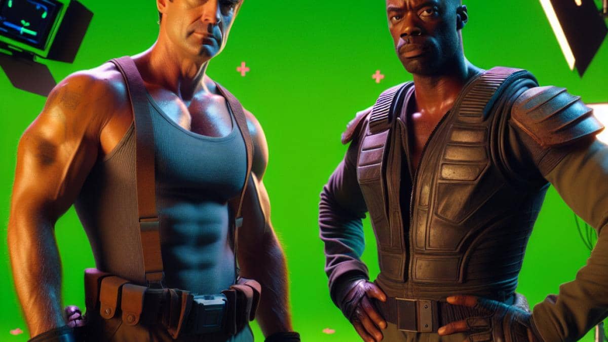 Videojuegos RPG: ¿Por qué CD Projekt RED no puede escapar de su fórmula ganadora? 14 Sylvester Stallone and Wesley Snipes on a green screen set, dressed in their Demolition Man costumes, looking tense and slightly annoyed, photorealistic editorial style, studio lighting with visible cameras and blue screen equipment, capturing the awkward atmosphere of a 90s video game shoot.
