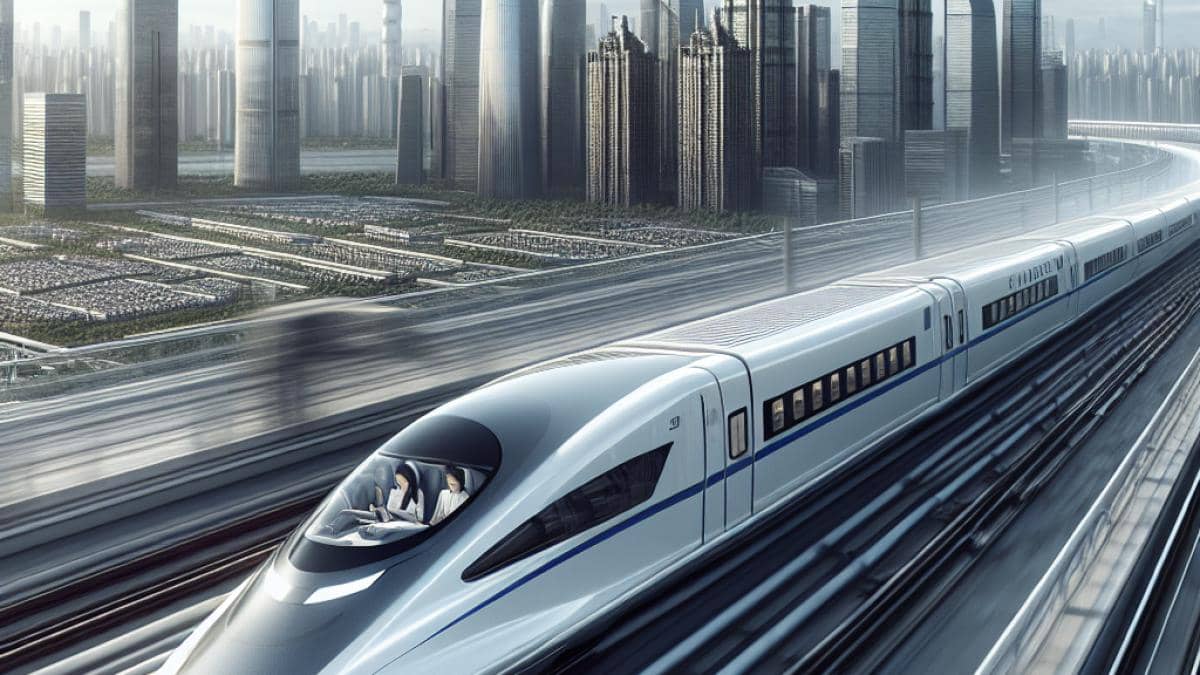 Nueva numeración TNT Francia: ¿por qué este 'apagón' nocturno es un hito cultural? 14 A modern Chinese high-speed bullet train at full speed, central in frame, passing through a futuristic cityscape between Beijing and Shanghai, photorealistic editorial style, daylight with clear skies, visible passengers inside using digital devices, urban skyline in the background highlighting rapid progress.