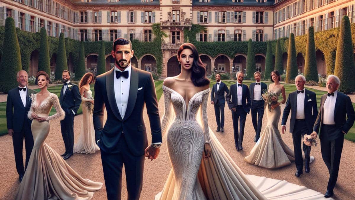 PSG campeón en Champions: ¿Cambia algo para la rivalidad con el OM? 14 A glamorous French footballer, Jonathan Clauss, in an elegant suit standing hand-in-hand with his bride Pauline Djihanian in a majestic Alsace castle courtyard during golden hour, photorealistic editorial style, joyful newlyweds surrounded by family and friends in chic attire, the bride’s stunning long train trailing behind her, lush greenery and historic stonework visible, main couple well-centered and in sharp focus.