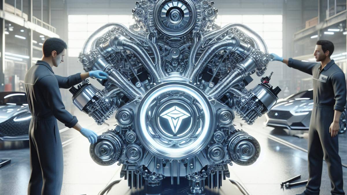 Motores V8 Hemi: ¿Por qué su regreso a RAM 1500 emociona (y divide) tanto? 14 A close-up of a modern car engine with the PureTech logo at the center, in a brightly lit automotive workshop, photorealistic editorial style, highlighting clean metallic details and professional mechanics inspecting the engine, confident mood.