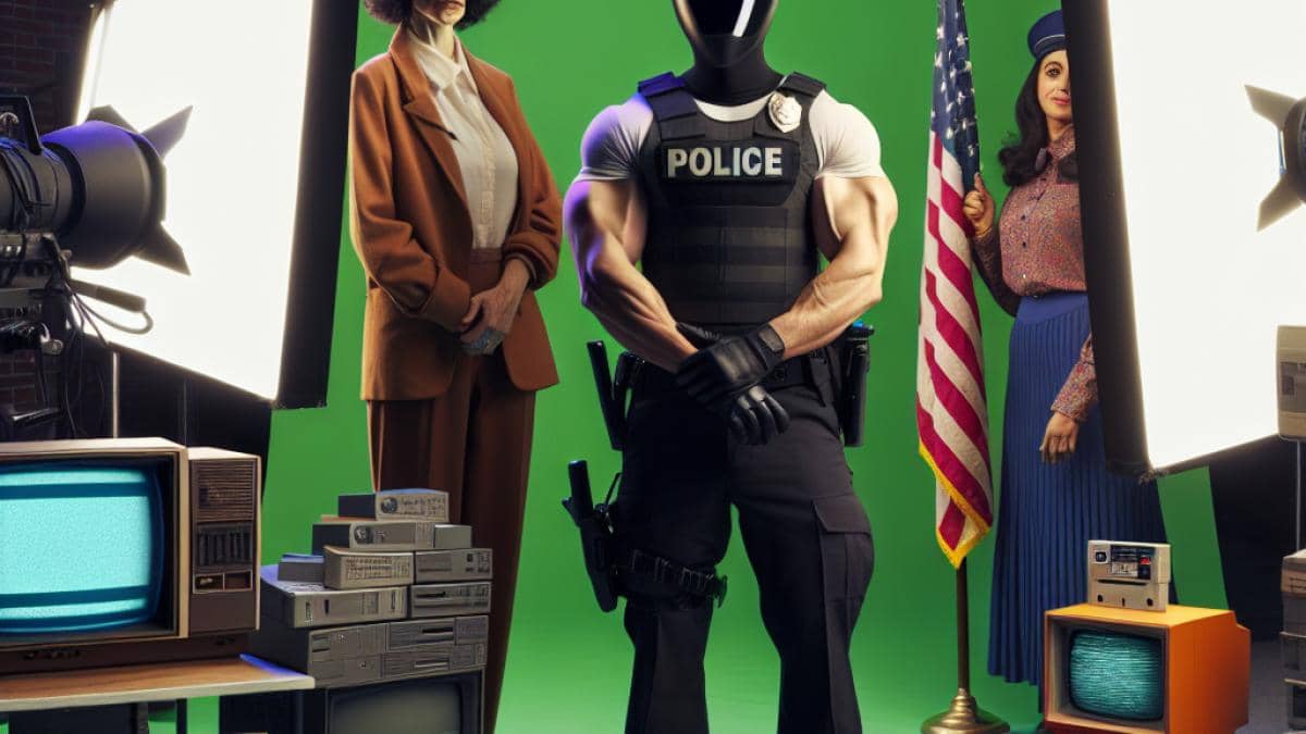 Ubisoft en 2025: ¿El fin de una era o el comienzo de algo más grande? 14 Sylvester Stallone dressed as John Spartan, standing awkwardly in front of a green screen with retro video game developers nearby, photorealistic editorial style, fluorescent studio lighting, visible old-school gaming hardware and camera equipment, mid-90s atmosphere.