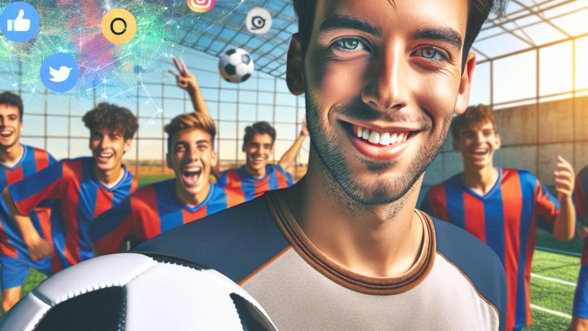Mercato PSG: ¿Por qué Luis Enrique revolucionó el ataque sin ‘9’? 14 A charismatic young man (Ibai Llanos) at the center, smiling and holding a soccer ball, surrounded by aspiring amateur footballers on a modest Catalan pitch, photorealistic editorial style, vibrant afternoon light with enthusiastic faces and visible social media icons in the background.