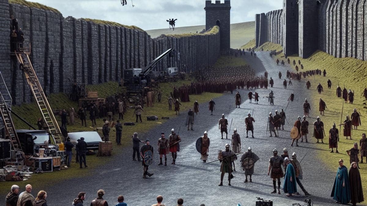 Netflix Frankenstein: ¿La reinvención de Guillermo del Toro nos conmoverá más que asustarnos? 14 A massive, meticulously constructed movie set resembling Hadrian's Wall, bustling with over 200 workers in period Roman costumes and modern crew attire, center-focused on the towering stone wall in an Irish landscape, photorealistic editorial style, daylight with soft clouds, cinematic atmosphere, main structure sharply in focus with visible production activity and film cameras nearby.