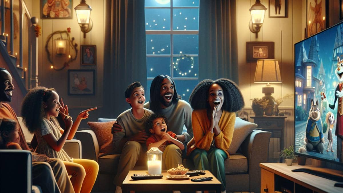 Fiesta del Cine: ¿Realmente el precio bajo revive la pasión por las salas? 14 A photorealistic editorial image of a cozy living room at night, with a family watching Shrek 2 on a large TV. The scene centers on an amused adult pointing out a subtle joke on the screen to another adult, while children laugh at different moments. Warm lighting, clear focus on the adults' surprised faces, Shrek characters visible on the TV in the background, vibrant and relatable family vibe, main subjects centered and sharply focused.
