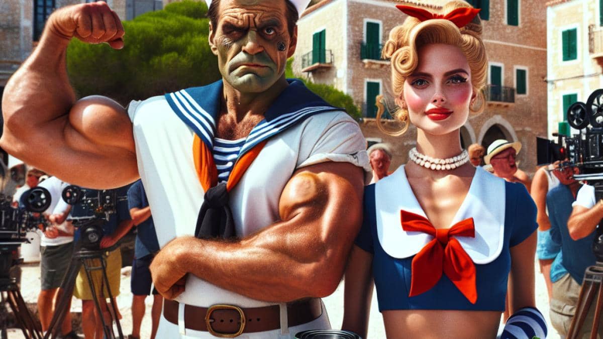 Robin Williams in full Popeye costume alongside Shelley Duvall as Olive Oyl, both on a chaotic movie set in Malta, photorealistic editorial style, 1980s film crew bustling with vintage cameras and reels, vibrant Mediterranean sunlight, hints of behind-the-scenes mischief and camaraderie.