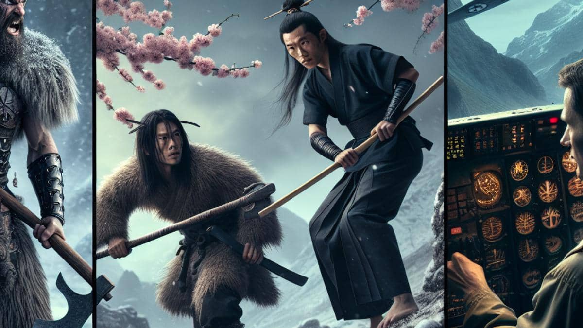 Lilo y Stitch: ¿El live-action que salvó a Disney o sólo una pausa antes del naufragio? 14 A dynamic editorial image of three distinct scenes fused at the center: a fierce Viking mother and son with axes in snowy terrain, a stealthy ninja facing his samurai brother amidst cherry blossoms, and a WWII pilot examining alien tech in a dim cockpit. Photorealistic editorial style, dramatic cinematic lighting, vivid action poses, main subjects well-centered and in sharp focus, subtle hints of the Predator lurking in each background.