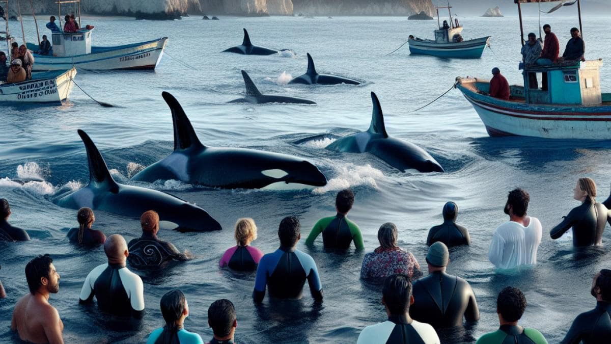 A group of tourists in wetsuits swimming near wild orcas, with small boats and local fishermen watching closely, photorealistic editorial style, early morning Baja California coastal backdrop, tense yet awe-filled mood with dramatic ocean lighting.