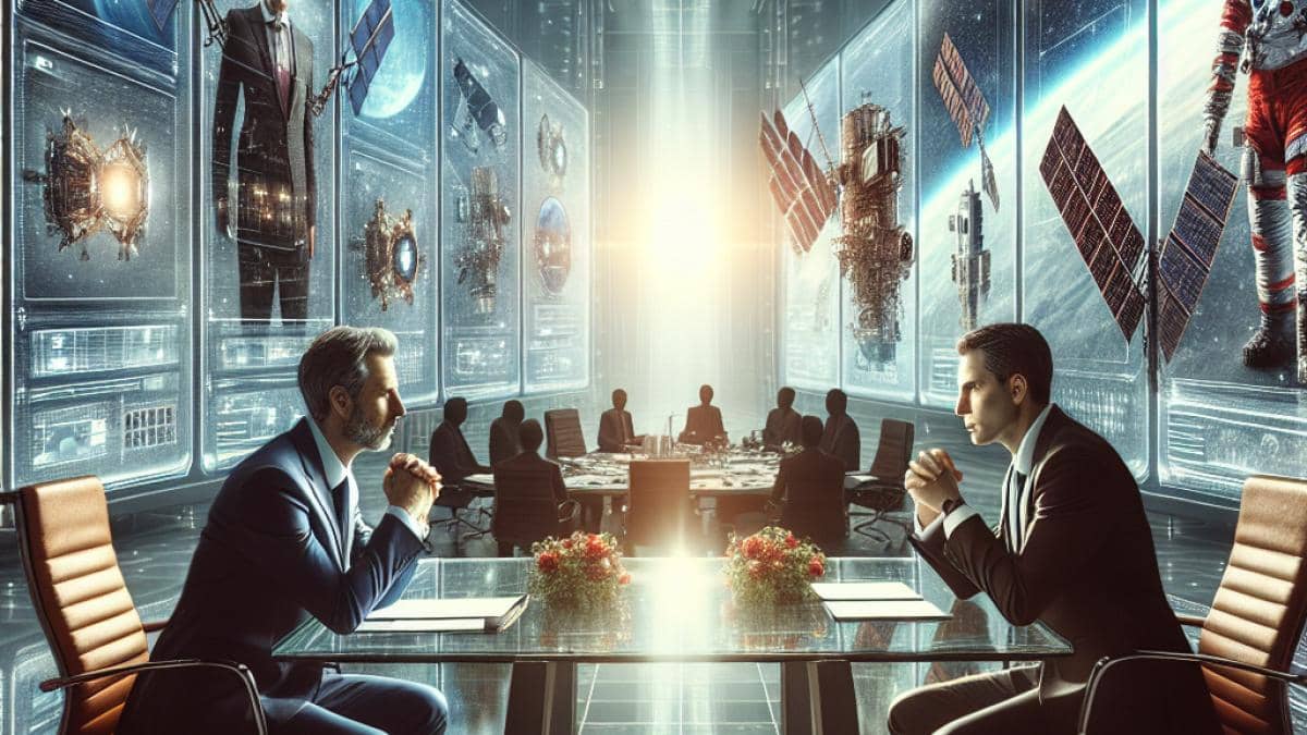 Corea del Norte y Rusia: ¿Cómo la tecnología militar está redefiniendo el poder en Asia? 14 Tim Cook and Elon Musk facing each other in a high-stakes business meeting, photorealistic editorial style, modern office with digital screens showing satellites and iPhones, tense mood, dramatic lighting highlighting their expressions at the center of the image.