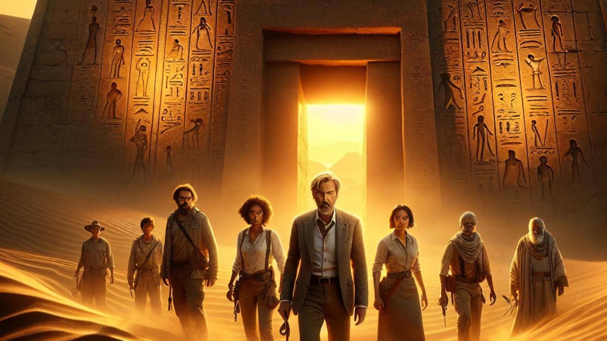 Misión Imposible 2: El oscuro secreto que Hollywood casi entierra 14 A group of archaeologists, led by a charismatic older man resembling John Rhys-Davies, stands at the entrance of an ancient Egyptian pyramid at dusk, photorealistic editorial style. The atmosphere is mysterious and adventurous, with desert sands swirling and faint alien hieroglyphics glowing on the stone walls. Main characters are clearly centered and in sharp focus, their faces illuminated by golden sunset light, evoking both excitement and suspense.