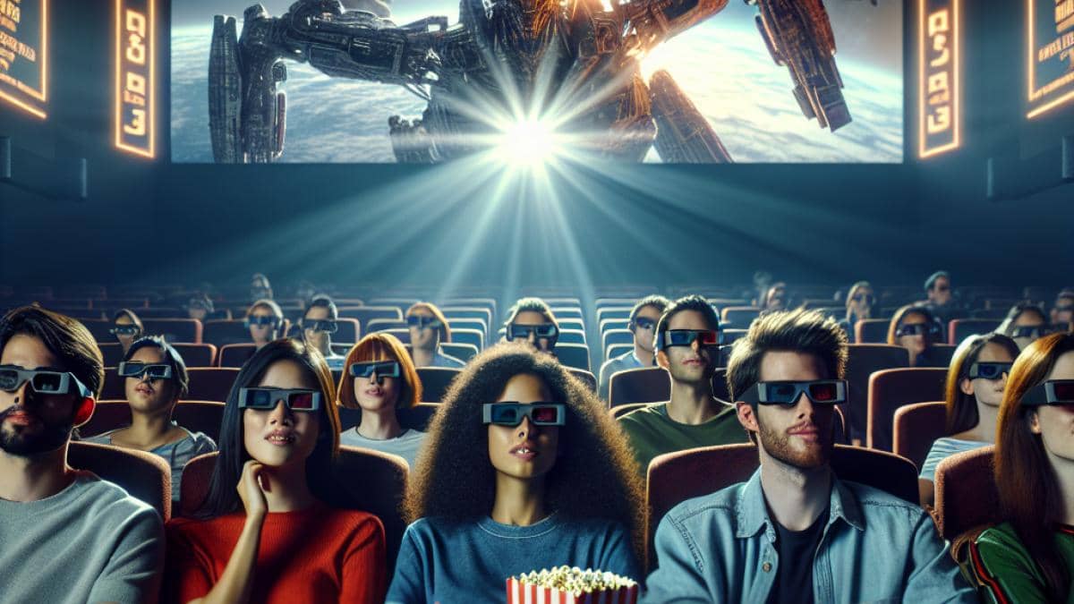 Lilo & Stitch live-action: ¿dónde quedó la magia y el discurso anticolonial? 14 A crowded modern cinema in Spain, center-focused on an excited, diverse group of friends wearing 3D glasses, watching Avatar: The Way of Water on a giant screen. Photorealistic editorial style, bright cinematic lighting highlighting their faces, detailed movie posters in Spanish in the background, popcorn and drinks on armrests, clear expressions of awe and excitement, sharp focus on the main group centered.