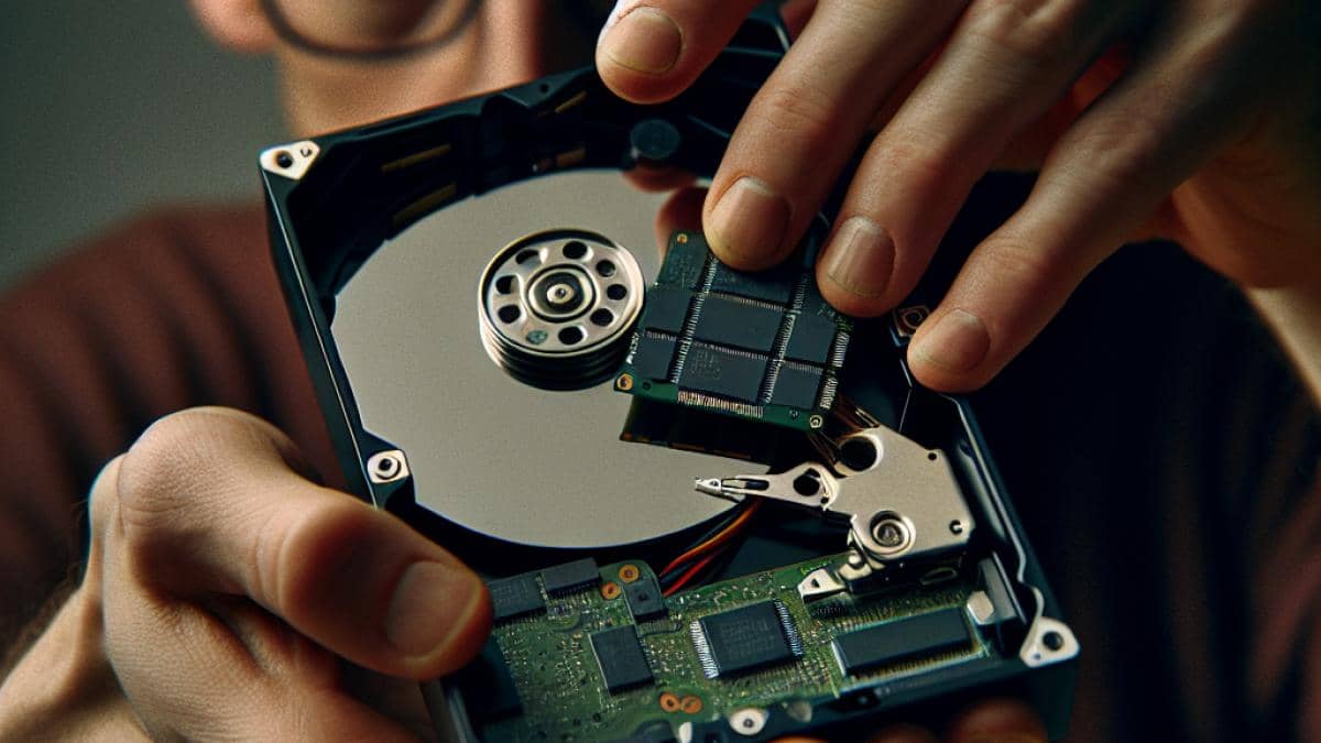Cámaras chinas en Huawei: ¿pueden los sensores SmartSens romper el dominio de Sony y Samsung? 14 A close-up of a person's hands opening a suspicious external hard drive, revealing a cheap memory chip glued inside instead of real disk platters, photorealistic editorial style, neutral indoor lighting, the shocked face of the owner visible in the background, focus on the fake components at the center.