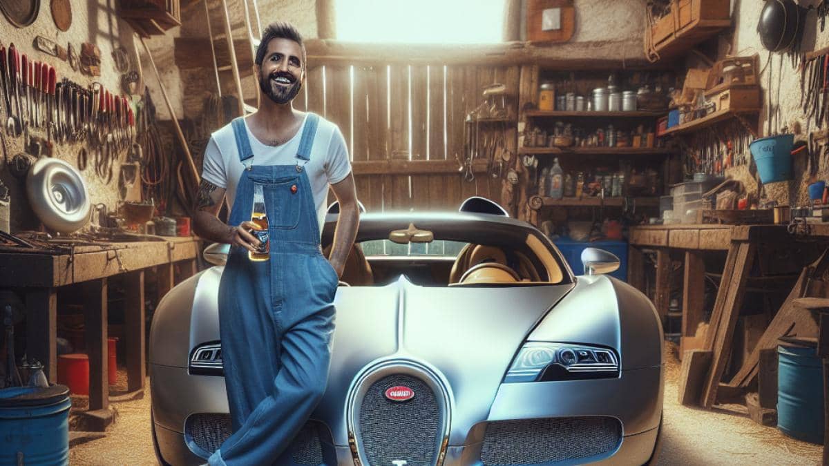 ¿ChatGPT desobediente? El día que la IA desafió el botón de apagado 14 A Bugatti Veyron parked in a modest village garage, a mechanic in overalls smiling while holding a tiny car button and a cold beer, photorealistic editorial style, warm natural lighting, the luxury car sharply centered with visible tools and workshop details in the background, highlighting the contrast between extravagance and simplicity.