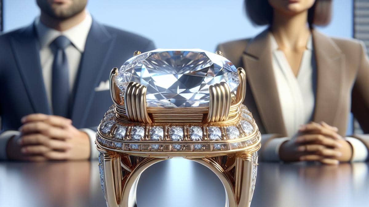 Vanessa Paradis y sus hijos: ¿El gran secreto detrás de 'Le Retour des beaux jours'? 14 A close-up of a large, elegant diamond ring with a very thick and bulky gold setting that obscures much of the gemstone, placed on a neutral table in a modern TV studio, photorealistic editorial style, well-lit and focused, with auctioneers in the blurred background looking both intrigued and frustrated, main subject (the ring) perfectly centered and sharply in focus, clean professional background.