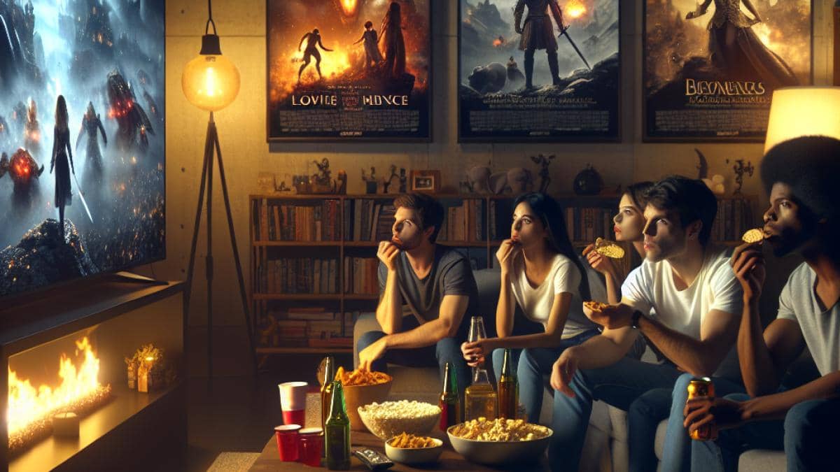 Johnny Depp en 'A Favorita do Rei': ¿genio incomprendido o reto en el set? 14 A modern living room at night, the main subject is a group of diverse young adults intensely watching an epic fantasy movie marathon on a large flat-screen TV. Photorealistic editorial style, warm ambient lighting, snacks and drinks on a table, visible posters of Mulan and Avatar in the background. Center-focused composition with the viewers' expressions in sharp focus and the movie scenes reflected on their faces.