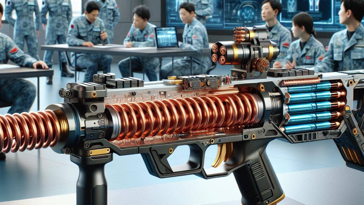 IA o puro teatro: ¿Hasta dónde llega la mentira en la era tech? 14 A cutting-edge Chinese electromagnetic coilgun on a display table, photorealistic editorial style, sharp focus on the weapon's compact bullpup design with visible copper coils and battery arrays, modern military lab background with engineers in uniforms examining data screens, bright and well-lit environment highlighting high-tech details, main subject centered and in clear focus.