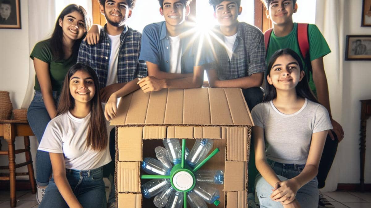 Anomalía del Atlántico Sur: ¿El talón de Aquiles secreto de la NASA? 14 A group of Mexican high school students proudly displaying a homemade ventilation system made from recycled cardboard and plastic bottles, placed near a sunny window in a modest living room. Photorealistic editorial style, bright natural light illuminating the scene, the device centered and clearly visible, students smiling with a sense of achievement, simple and clean background highlighting the eco-friendly invention.