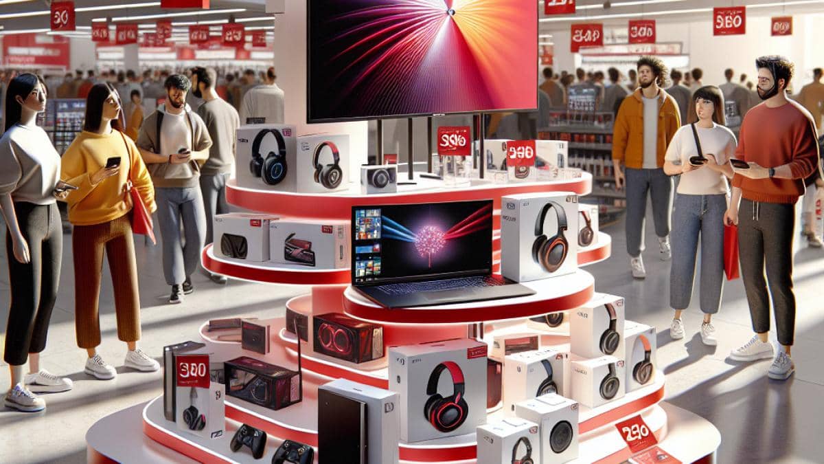 Call of Duty en España: ¿Cómo una ciudad fantasma se convirtió en el 'Nuketown' real? 14 A central display of discounted electronics including a 40-inch TV, gaming laptop, and wireless headphones on an eye-catching red and white shelf in a modern Spanish retail store, photorealistic editorial style, bright natural lighting, shoppers browsing with surprised and excited expressions.