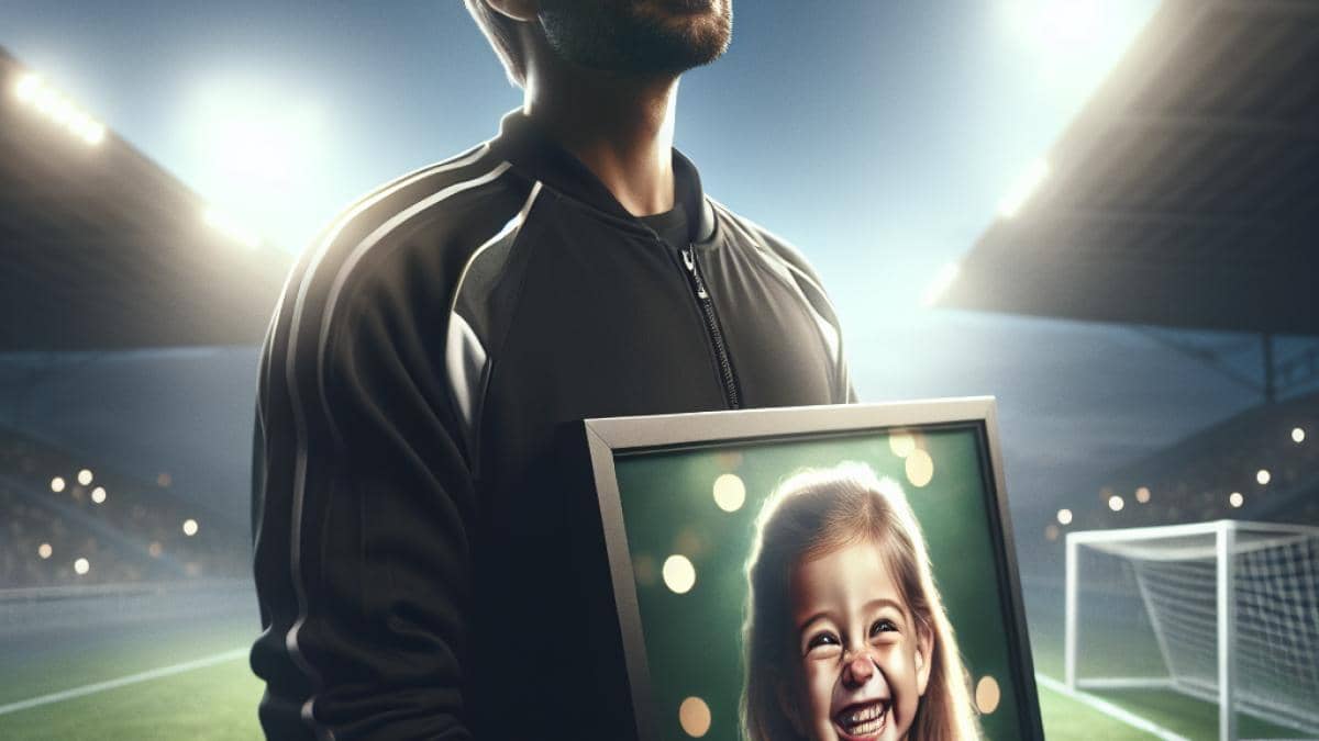 Deporte y resiliencia: ¿Cómo Sira Martínez desafía los límites del alto rendimiento? 14 A photorealistic editorial-style image of Luis Enrique standing on a soccer field at dusk, gazing upwards with a soft, emotional smile. In his hands, he holds a large framed photo of his daughter Xana, who appears joyful and full of life. The stadium is softly illuminated in the background, with subtle lens flares suggesting an ethereal presence. The main subjects—Luis Enrique and the photo of Xana—are perfectly centered and in sharp focus, exuding warmth and tenderness. The atmosphere is intimate yet hopeful.