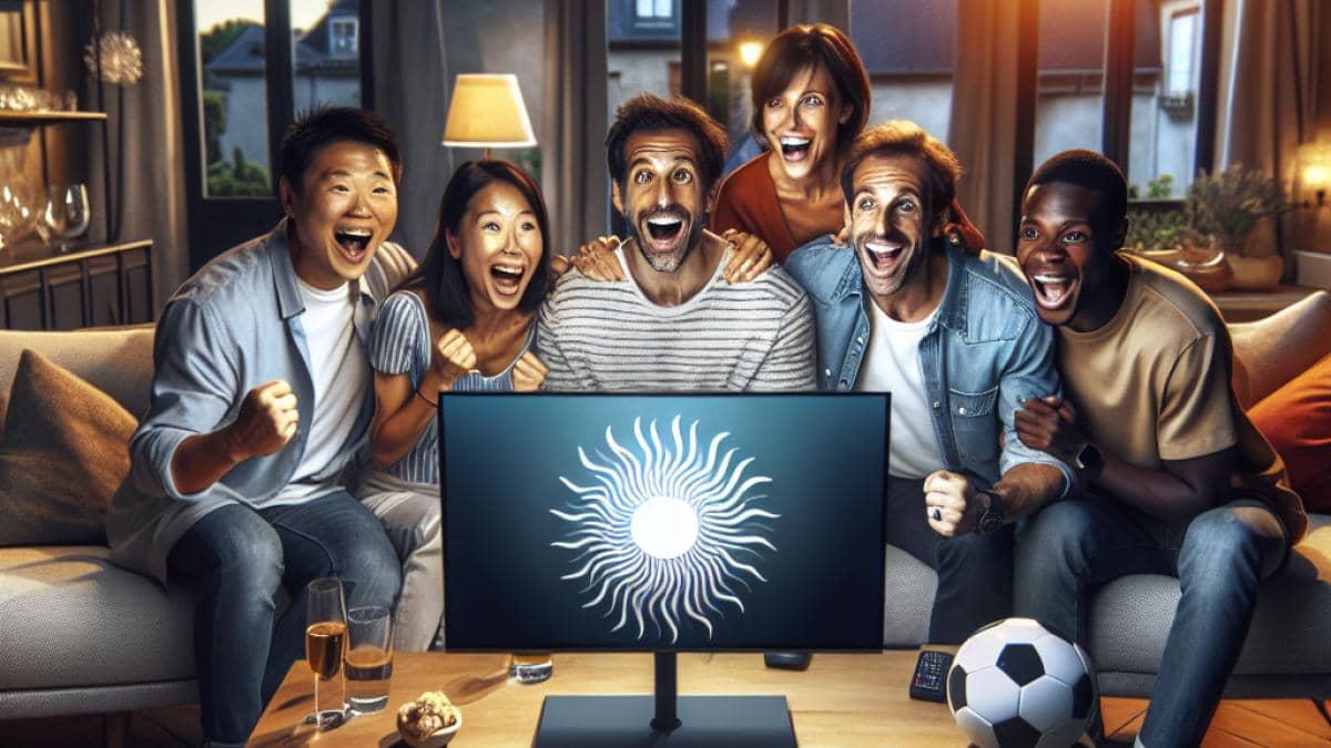 Raymond Domenech y el deporte de rehacer tu vida: ¿Qué nos enseña su nueva relación? 14 A living room in France, a family gathered around the TV, visibly excited and checking the time, photorealistic editorial style, warm evening lighting, television screen showing the logo of 'Un si grand soleil', a soccer ball and remote control on the coffee table, main subjects centered and in sharp focus, modern French decor.