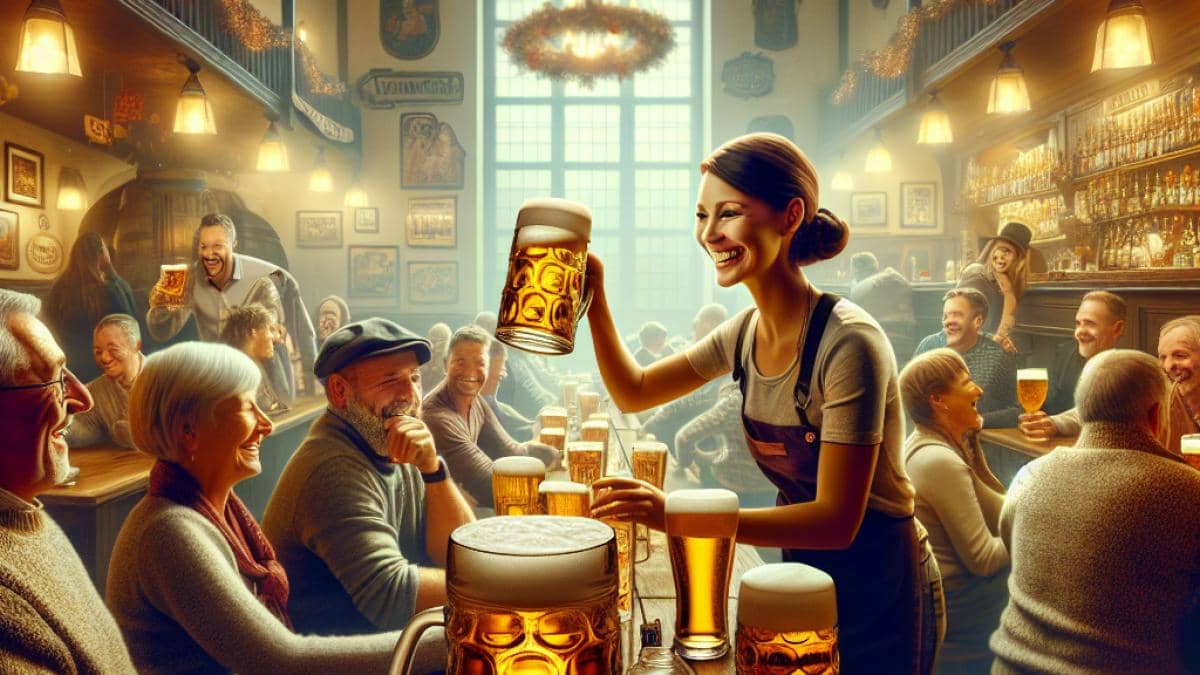 El misterio del furo en la lata: ¿Sabías para qué sirve de verdad? 14 A bustling Czech pub, patrons of various ages gathered around wooden tables with large glasses of golden beer, photorealistic editorial style, warm indoor lighting with a festive ambiance, traditional Czech decorations in the background, main subject (a smiling bartender pouring beer at center) clearly in focus and well-centered.