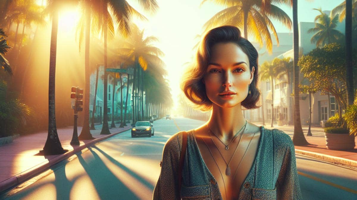 Laeticia Hallyday at the center, standing in a sunlit Miami street lined with palm trees, photorealistic editorial style, contemplative but hopeful expression, vibrant morning light and subtle nods to her French heritage visible in accessories.