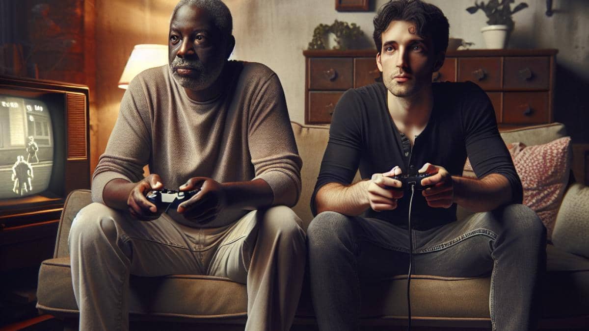 YouTube y coldmirror: ¿Por qué su humor sigue inspirando a gamers en 2024? 14 A father and adult son sitting together on a cozy living room couch, both holding PlayStation controllers, focused on an old TV showing a classic video game, photorealistic editorial style, warm ambient lighting, subtle nostalgic decor hinting at early 2000s, central focus on the emotional connection between them.