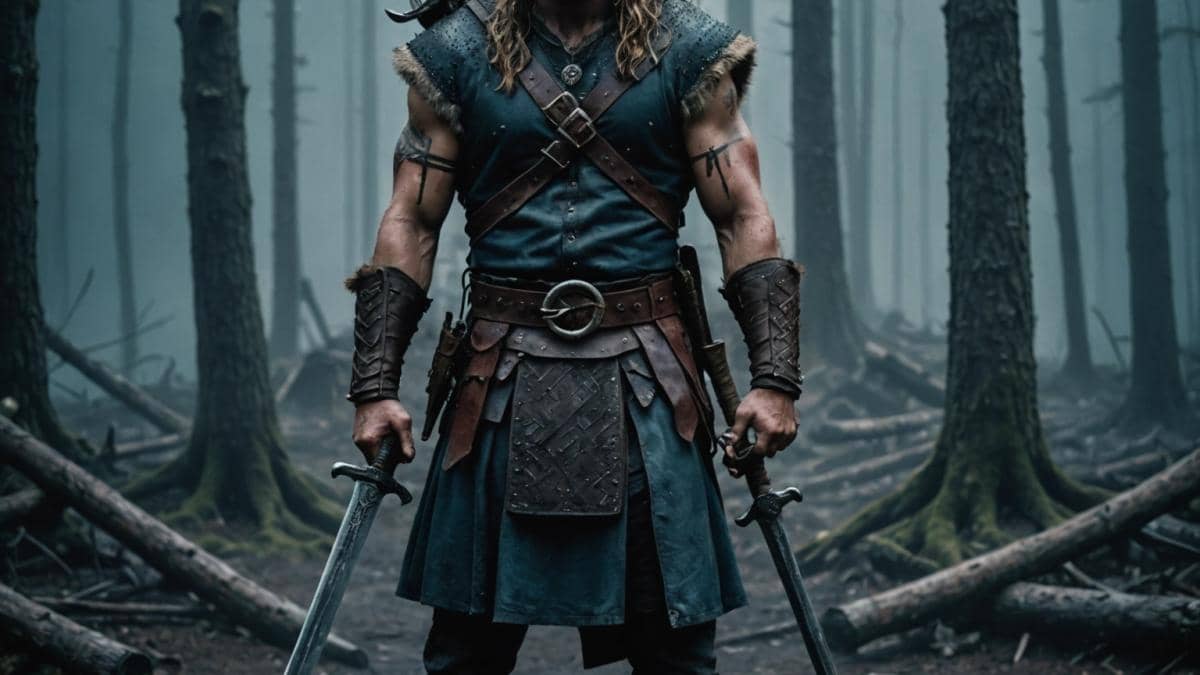 Walt Disney robótico: ¿homenaje inspirador o distopía cultural? 14 A rugged, long-haired Viking warrior standing at the center of a misty, dark forest, holding a bloodied sword and surrounded by Native American artifacts, photorealistic editorial style, moody blue-grey lighting, rain-soaked ground, intense expression on the main subject's face, main subject sharply centered and in focus, dramatic and gritty atmosphere.