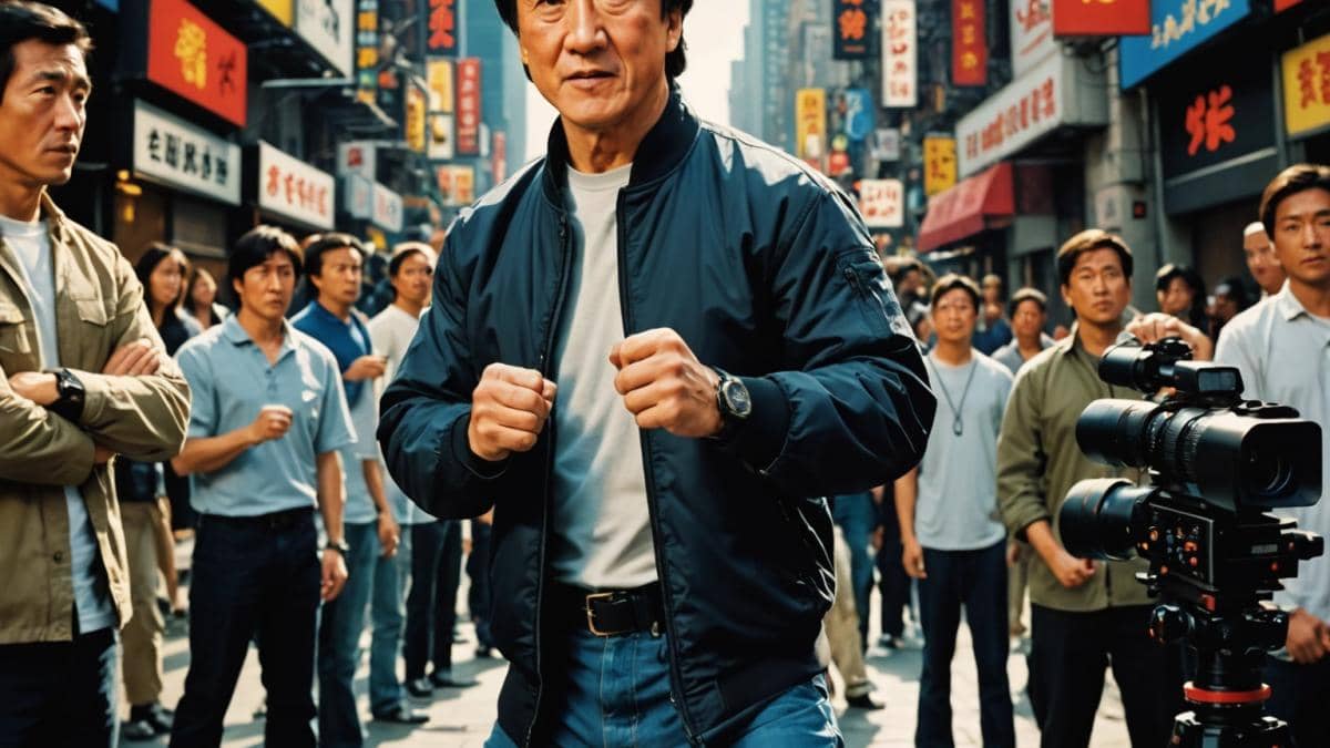 Western taquillero: ¿Por qué 'Sillas de montar calientes' rompió moldes en el cine? 14 Jackie Chan, center-focused, on a modern movie set during the filming of an action scene for Karate Kid: Leyendas, photorealistic editorial style, dramatic lighting with spotlights highlighting Jackie in mid-motion, casual but determined expression, surrounded by film crew and martial arts props, urban New York backdrop blurred for emphasis, main subject sharp and well-lit.