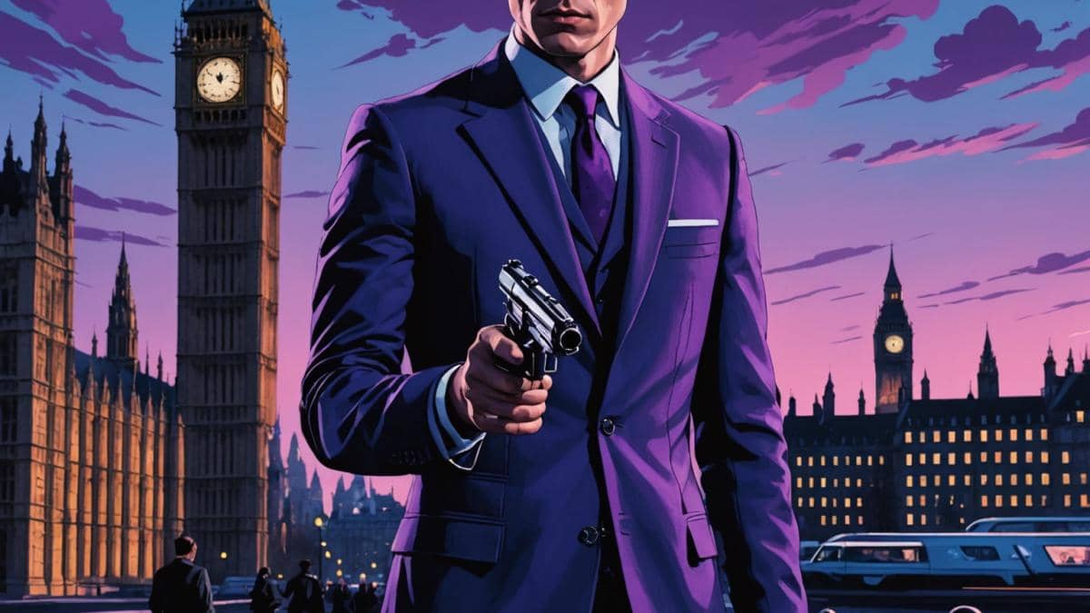Juegos online: ¿liberación o estrés? Mi experiencia tras apagar el PvP 14 A photorealistic editorial image of a young, stylish man with a scar on his face, dressed in a modern James Bond-style suit, confidently holding a silenced pistol. He stands at the center, surrounded by neon-lit London landmarks at dusk. The mood is cinematic and suspenseful, with moody blue and purple lighting. The main subject is well-centered and sharply focused, capturing both mystery and charisma. Subtle hints of gaming elements (like a PlayStation controller on a nearby table) complete the scene.