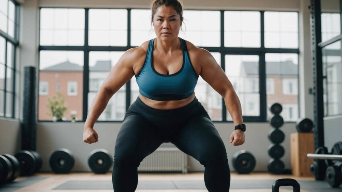 Cambio radical: ¿Qué nos enseña la historia de Stéphane Blancafort sobre reinvención y bienestar? 14 A motivated woman in her 30s performing a sumo squat with proper form in a bright, modern gym, photorealistic editorial style, natural daylight streaming through large windows, exercise mats and free weights visible in the background, main subject well-centered and sharply in focus, confident and determined expression.