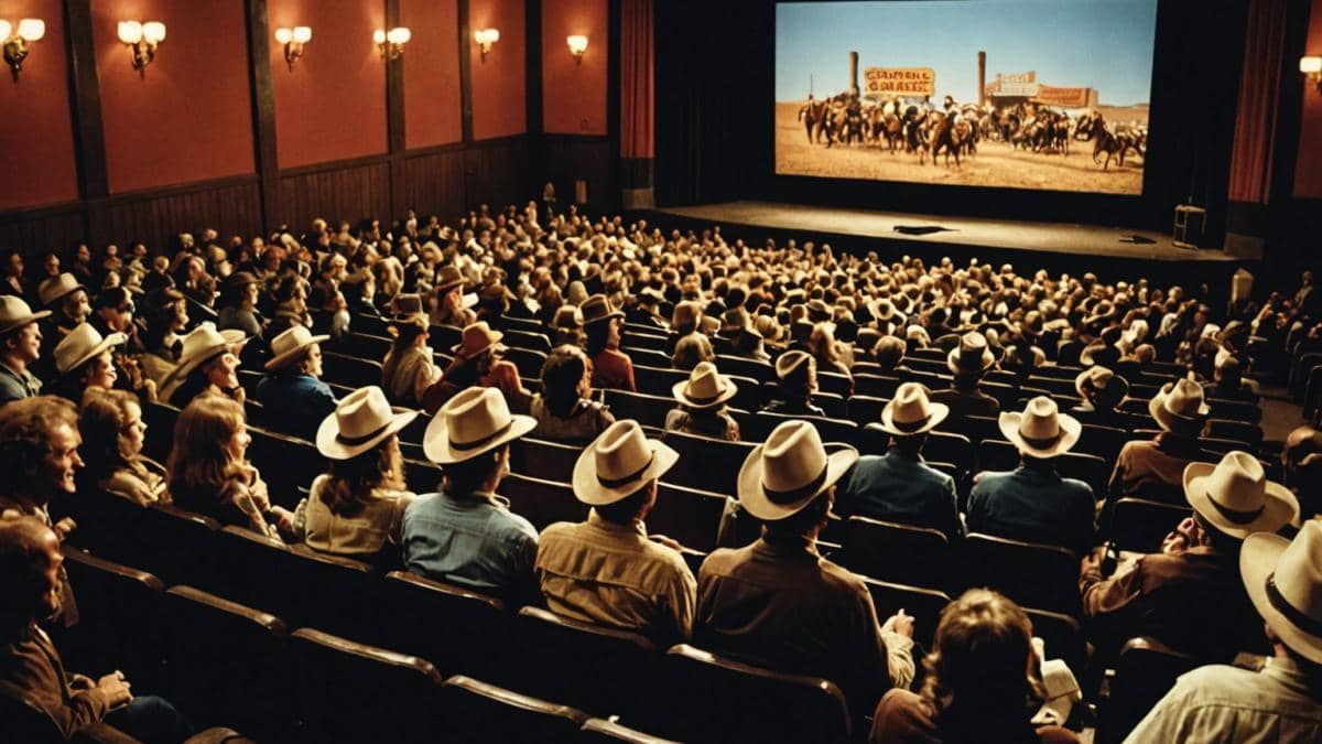 Lilo & Stitch live action: ¿por qué Disney dejó fuera a su director original? 14 A packed vintage cinema in the 1970s, viewers laughing and watching 'Blazing Saddles' (Sillas de montar calientes) on a large screen, photorealistic editorial style, warm nostalgic lighting, detailed audience reactions with cowboy hats and popcorn, main subject (the film scene on screen) clearly centered and in sharp focus, clean auditorium background.