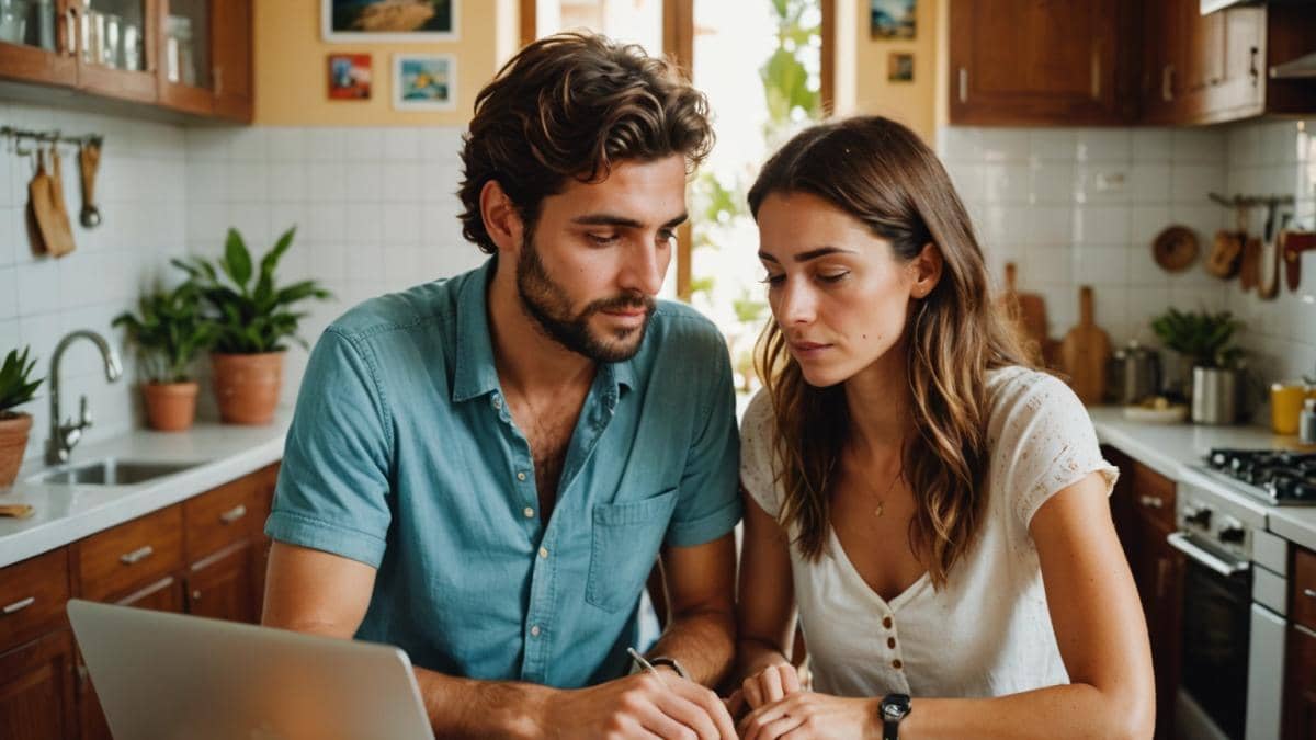 A young Spanish couple, sitting at a sunny kitchen table, comparing vacation prices on a laptop, surrounded by travel brochures for Spain and the Caribbean, photorealistic editorial style, bright natural lighting, vibrant plants and candles in the background, main subjects well-centered and in sharp focus with a look of surprise and curiosity.
