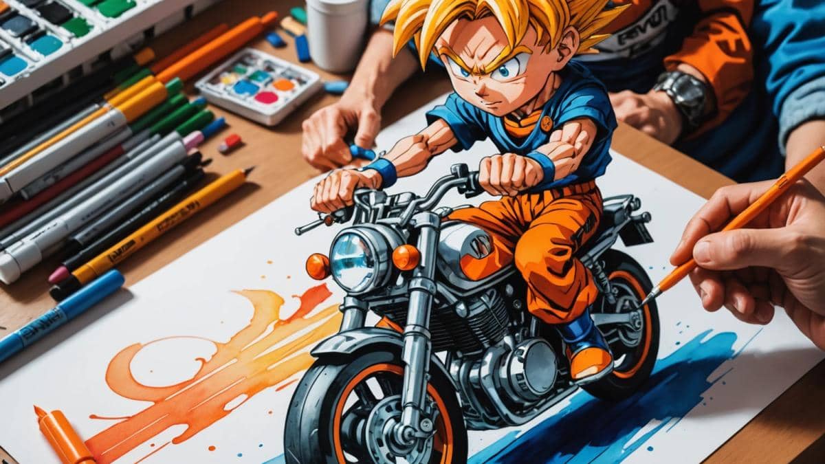 Nintendo Switch 2: El roadtrip que cambió el juego en Europa 14 A well-lit editorial photo of a detailed illustration on a drawing table, showing an artist's hand holding a brush over a vibrant watercolor of Goku and Gohan riding a futuristic motorcycle. The workspace is filled with manga pages, markers, and retro gaming elements, evoking nostalgia and creativity. Main subject—the artwork—centered and in sharp focus, with soft natural lighting highlighting textures.